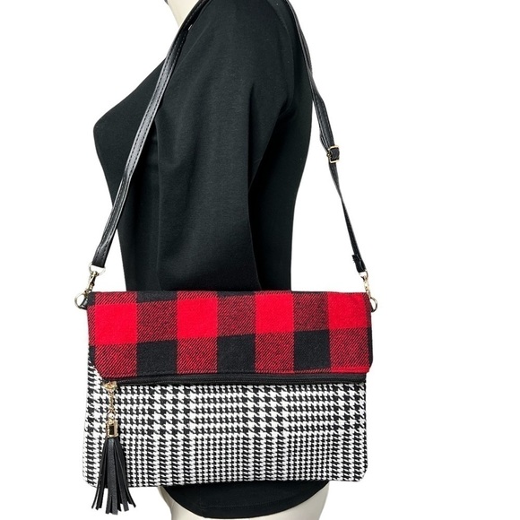 NWT LIB NEW YORK Plaid Fold Over Crossbody Clutch Bag With Wristlet - Picture 9 of 16